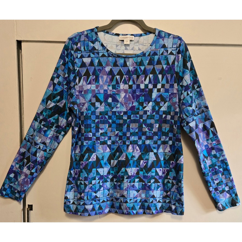 Coldwater Creek Artsy Jewel Tone Geometric Mosaic Print Cotton Long Sleeve Top L